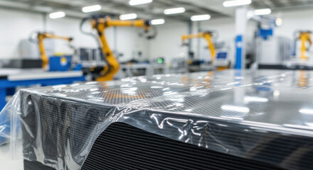 Automated factory line operates robotic arms for handling and packaging large composite material panels with protective film in modern industrial manufacturing facility