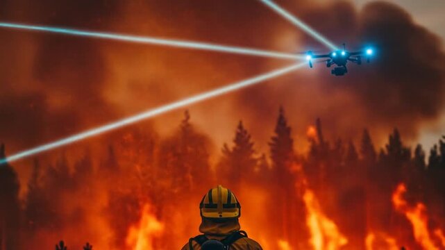 Heroic Firefighter with Advanced Drone Technology Surveys a Destructive and Raging Forest Wildfire.
