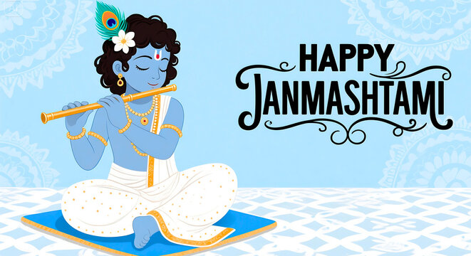 Happy Janmashtami 2025: Krishna, Flute, and Peacock Feather Illustration