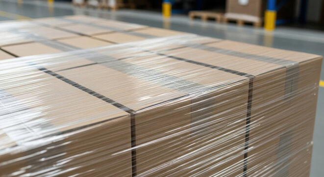 industrial warehouse scene with tightly wrapped stack of cardboard boxes on pallet, prepared for shipment or storage, logistics and packaging in distribution center