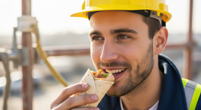 Smiling construction worker enjoying quick lunch break while eating fresh tortilla wrap at outdoor jobsite young male in safety helmet appreciates convenient healthy meal during busy workday