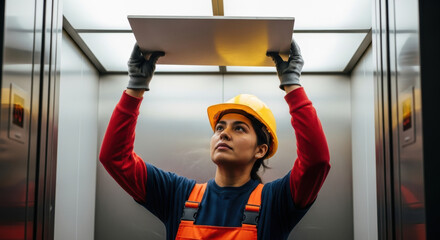 Focused female maintenance worker wearing safety gear repairs lift ceiling panel inside modern elevator, demonstrating technical skills and workplace professionalism