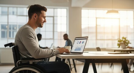 Smiling Businessman in Wheelchair Working on Laptop in Modern Office, Inclusive Workplace