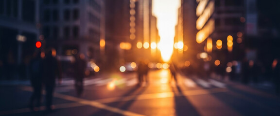 Obraz premium Blurred city street scene with pedestrians and buildings at sunset or sunrise, capturing a warm atmospheric urban moment with soft golden tones.