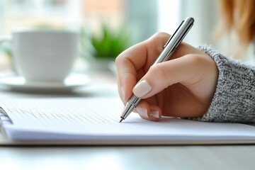 Close-Up of Hand with Well-Groomed Nails Holding Metal Pen Writing in Lined Notebook White Cup and Saucer Green Plant Gray Knit Sleeve Writing Scene