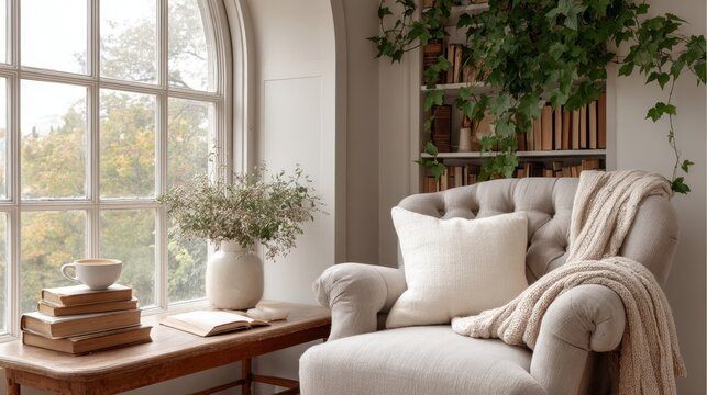 Cozy reading nook with a comfortable armchair by the window overlooking nature in a serene setting