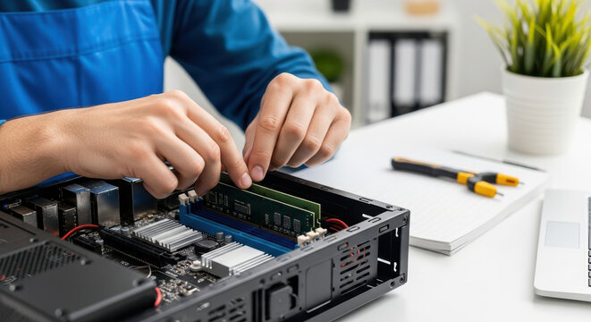Technician upgrades desktop computer memory installing ram module into motherboard at workspace with tools and notepad nearby, close up of hands and components