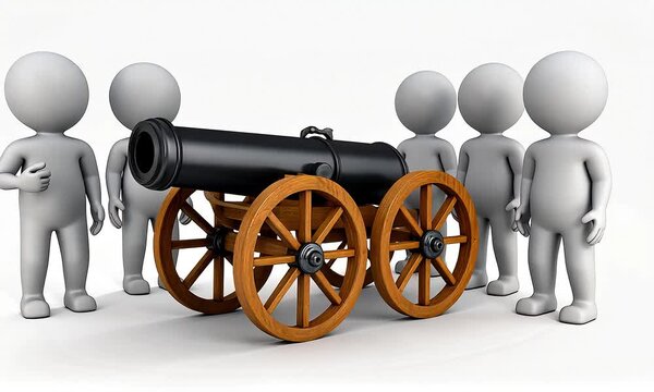 Group figures observing antique cannon illustration