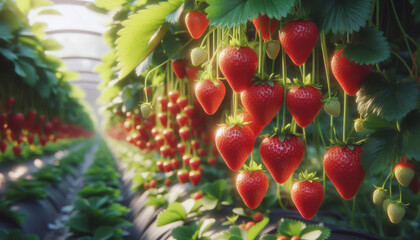 Obraz premium Ripe Red Strawberries Hanging on Green Leafy Plants under Bright Natural Light