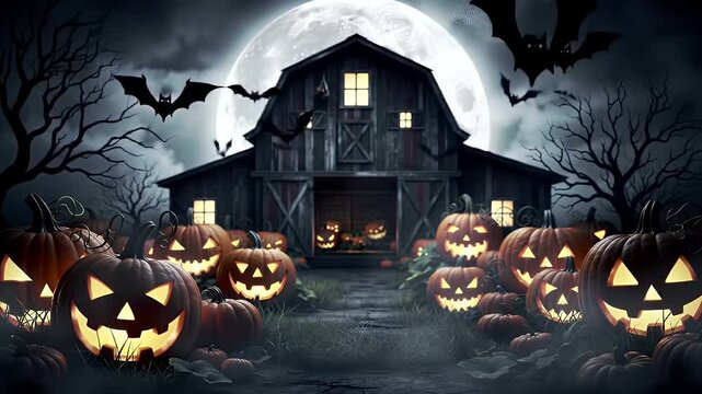 Spooky Halloween barn scene with jack-o'-lanterns under a full moon.