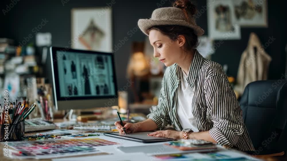 Poster side view of a creative professional exploring innovative design ideas on a digital tablet while ref
