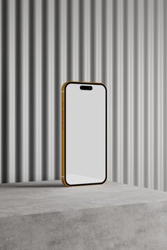 Modern smartphone on concrete platform with striped background