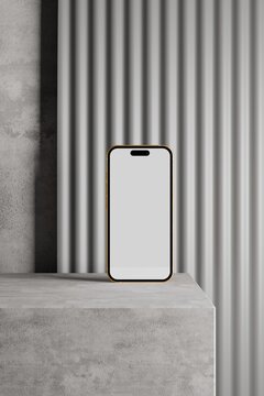 Modern smartphone on concrete platform with striped background
