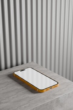 Modern smartphone on concrete platform with striped background