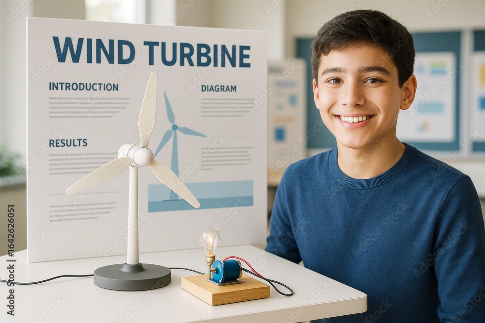 Poster smiling boy presenting wind turbine science project with working light bulb model in classroom setti