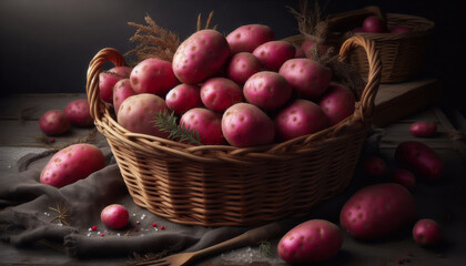 Fresh Red Potatoes Piled in Rustic Wicker Basket under Natural Daylight