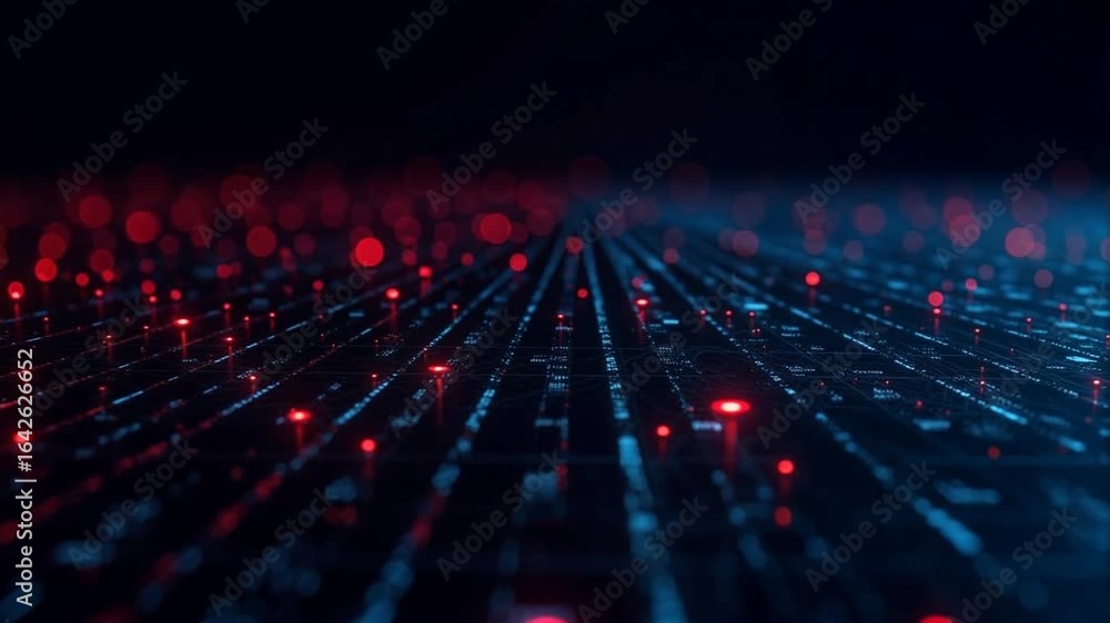 Poster dynamic network of glowing connections pulsing with red and blue light on circuit board