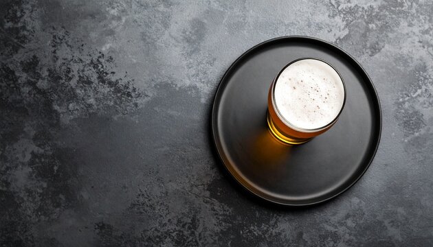 Top view of a fresh glass of cold light beer with froth and bubbles on a black plate over a dark stone background with copy space