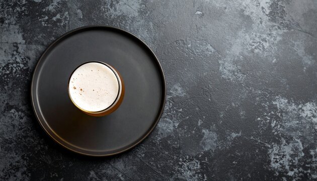 Top view of a fresh glass of craft beer with a creamy head on a black plate against a dark, textured stone background.