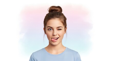 Fototapeta premium Playful Young Woman Winking and Sticking Tongue Out Against Colorful Background
