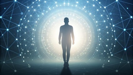Silhouette person walking towards bright digital light tunnel symbolizing connection, future, and innovation