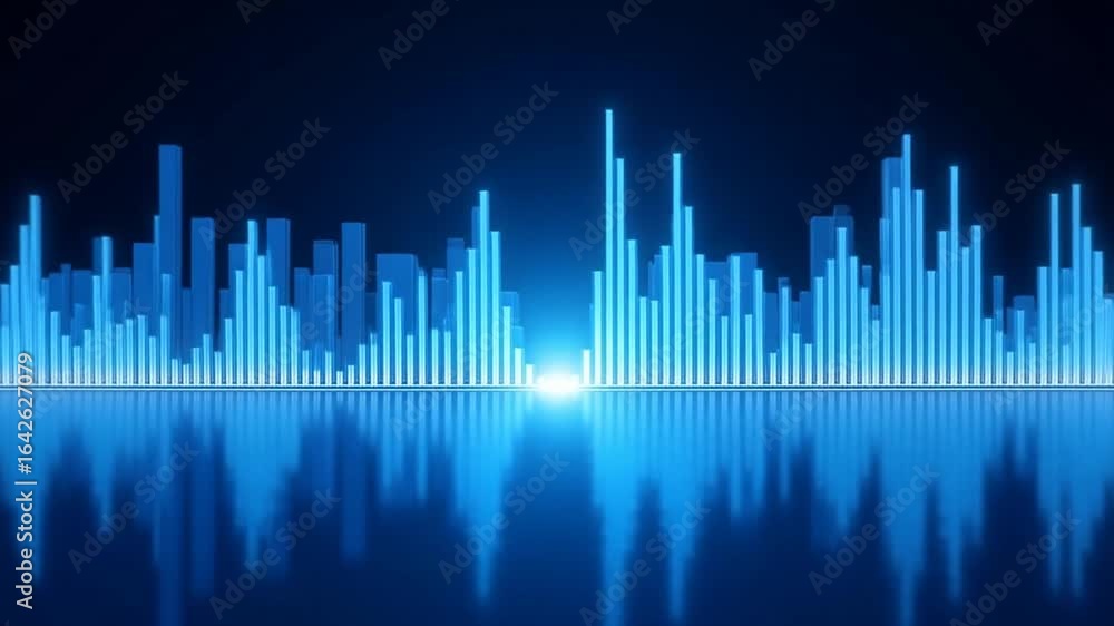 Poster dynamic blue audio waveform pulsating with light, perfect for music visualizers or tech backgrounds