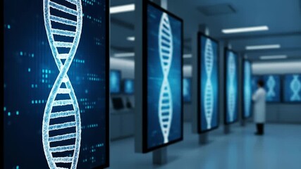 Scientists Working in a High-Tech Laboratory with Large Screens Displaying Glowing DNA Helix for Genetic Research - Powered by Adobe