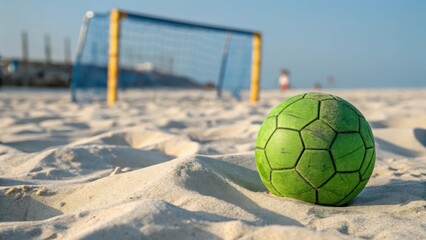 Green soccer ball resting on sandy beach with goal in background