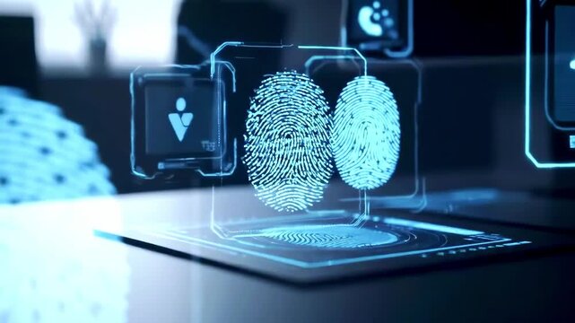 Digital fingerprint scanning technology showcasing biometric data analysis in a modern workspace - Powered by Adobe