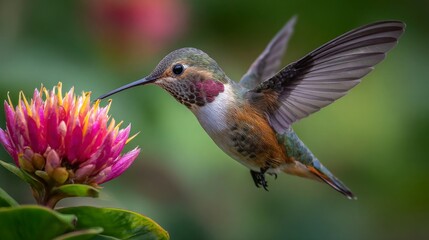 Fototapeta premium Hummingbird feeds on flower