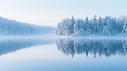 Winter snow scene, with the lake surface like a mirror, reflecting snow - covered forests and distant mountains, and mist filling the air, creating a quiet and ethereal atmosphere.