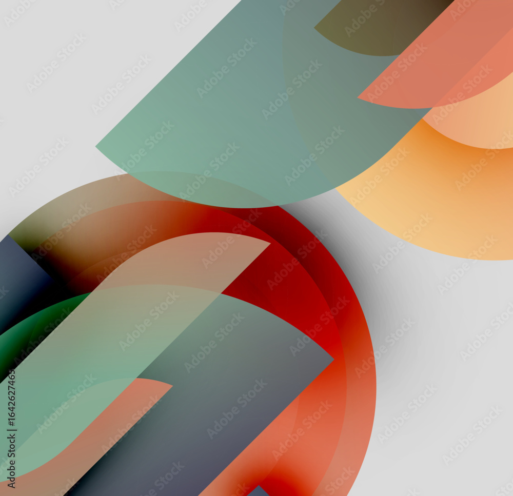 Poster abstract composition. overlapping shapes create dynamic visual effect. soft gradients, muted colors 