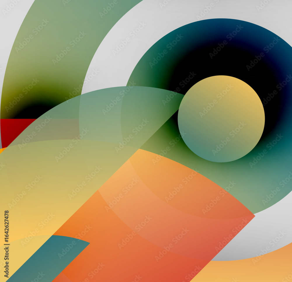 Poster abstract composition. overlapping curved shapes create dynamic visual effect. warm, cool colors blen