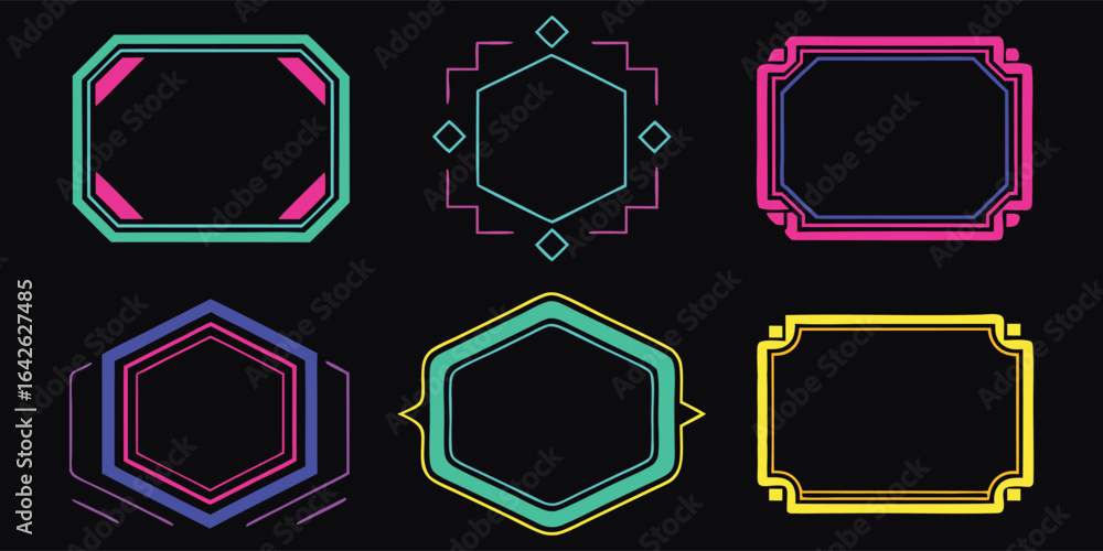 Poster modern sci-fi frame vector set on a black background. a colorful futuristic border collection for a 