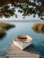 Fototapeta premium Calm Sustainable Investment Concept with Wooden Dock and Small Boat by Reeds Premium Authentic Eco Real Estate Marketing for Modern Professionals