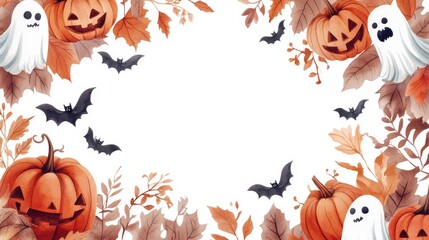 a delicate watercolor halloween wreath encircling an empty center, composed of charming hand-painted pumpkins in rustic hues, spooky bats in various poses, and swirling autumn leaves in a harmonious