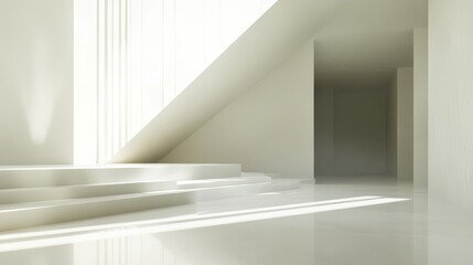Fototapeta premium a conceptual digital landscape bathed in bright, artificial light, where simulated beams carve angular shadows against a stark white expanse the composition is interrupted by abstract graphic