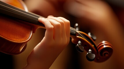 a delicate close-up capturing a child prodigyâ€™s small hands carefully positioning fingers on the fingerboard of a quarter-size violin the polished wood of the instrument gleams under soft recital