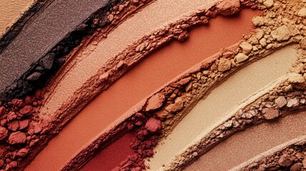 a detailed beauty texture closeup featuring crushed matte eyeshadows in warm, earthy hues ranging from deep terracotta to soft sand beige the pigments are artfully arranged in sweeping, layered