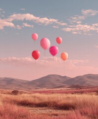 Fototapeta premium Modern Pink and Red Balloons Floating Over Autumn Landscape Premium Inspirational Lifestyle Content for Social Media and Marketing Campaigns