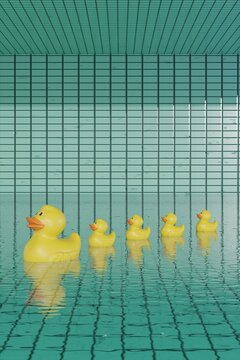 Rubber Duck Family Floating in Water with Abstract Tiled Background