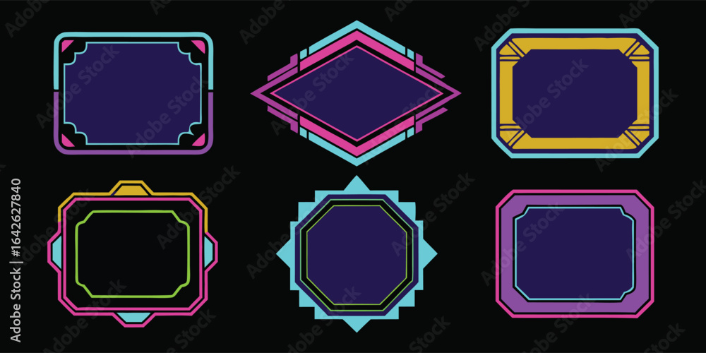 Poster Neon Tech Frame Vector Set on a Black Background. A colorful futuristic border collection for a gaming stream overlay. Modern geometric design for a HUD, UI, or live stream panel.