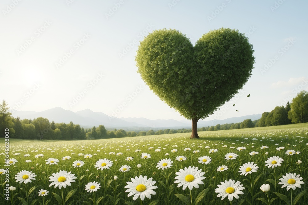 Poster heart-shaped tree in sunny daisy field with mountain background and soft light, symbolizing love and