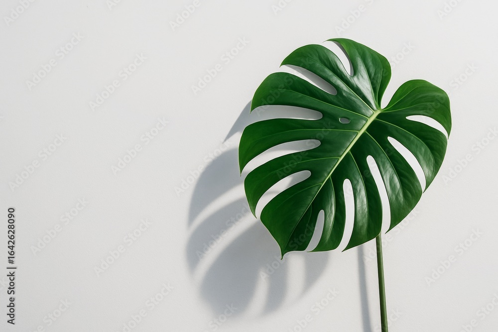 Poster monstera leaf casting shadow on white background with empty copy space for minimalist nature-inspire