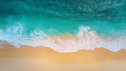 a minimalist aerial beach composition showcasing the perfect balance between land and sea the vibrant turquoise ocean extends into the horizon, its soft waves creating delicate, swirling foam as they