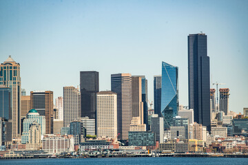 Skyline view of downtown Seattle, Washington. Overlooking the Puget Sound and waterfront.