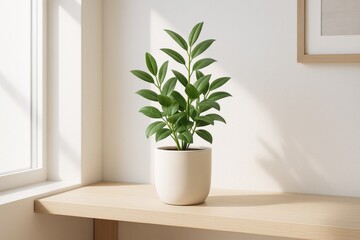 Minimalist potted plant on wooden shelf beside window in bright room with empty white wall background for design mockup or branding concept. Ai generative