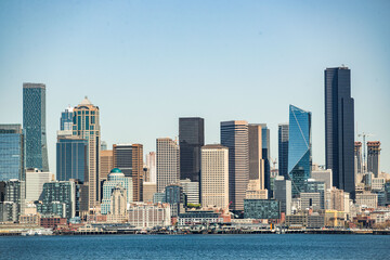 Skyline view of downtown Seattle, Washington. Overlooking the Puget Sound and waterfront.