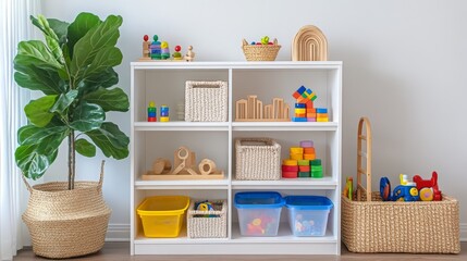 a perfectly arranged montessori-inspired toy storage setup featuring a white, floor-to-ceiling bookshelf filled with wooden educational toys, colorful plastic bins, and natural wicker baskets a lush