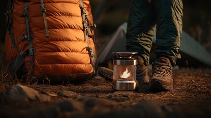 a professionally staged composition of essential backpacking equipment, illuminated by soft directional lighting the centerpiece is a top-tier ergonomic hiking backpack, its durable ripstop fabric
